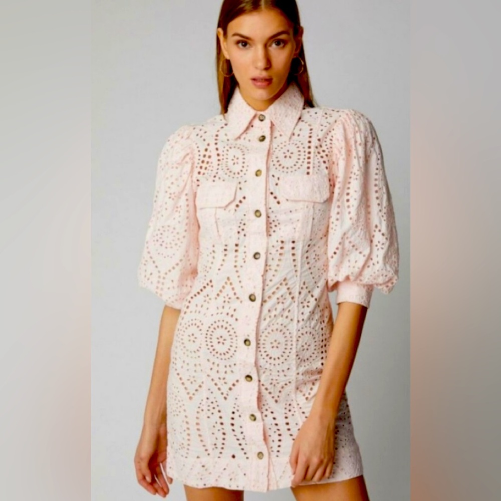 Ganni broderie anglaise eyelet pink puff sleeves mini dress .Excellent condition